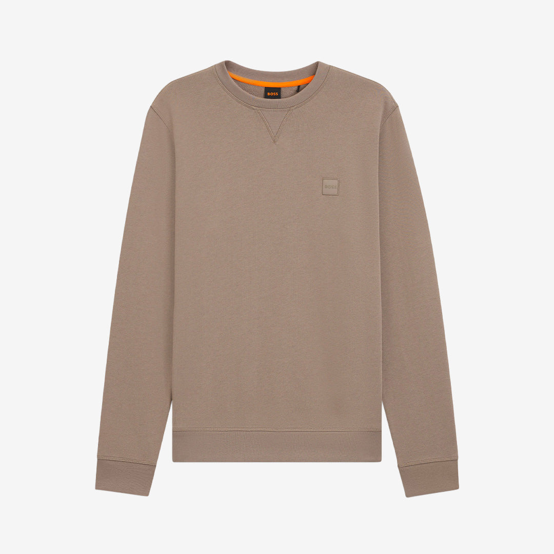 Beige sweatshirt BOSS Westart med V-insert hals och logopatch på bröstet.