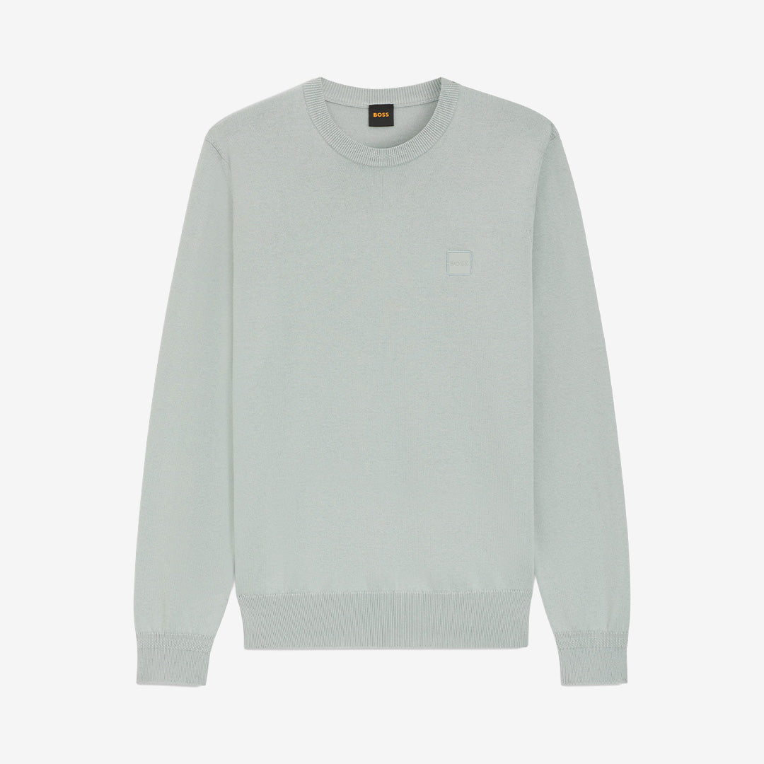 Silverfärgad stickad BOSS-tröja Kanovano_S med rund hals och logopatch.