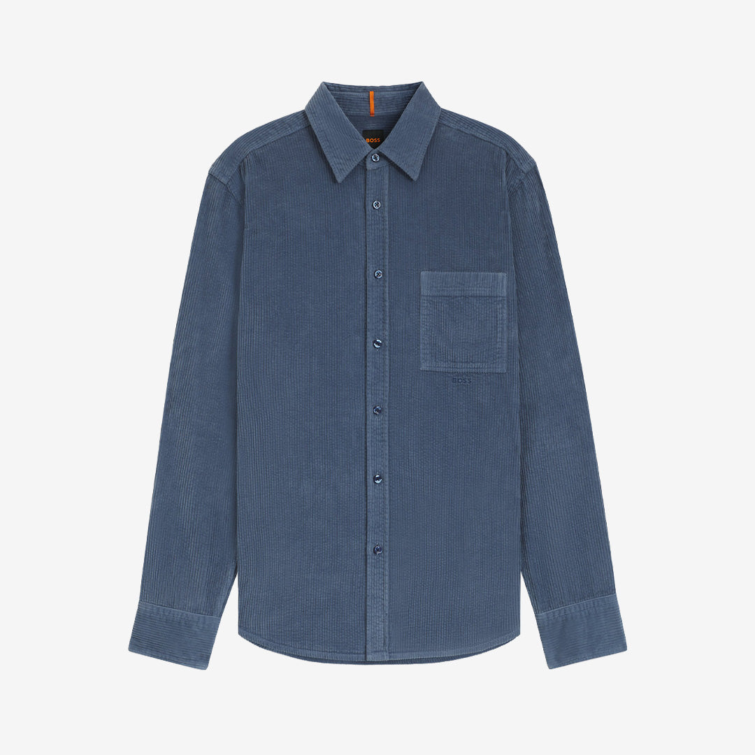 Herrskjorta Relegant_6_M i regular fit, open blue, bomullscorduroy från BOSS Men Orange med broderad logotyp under fickan.
