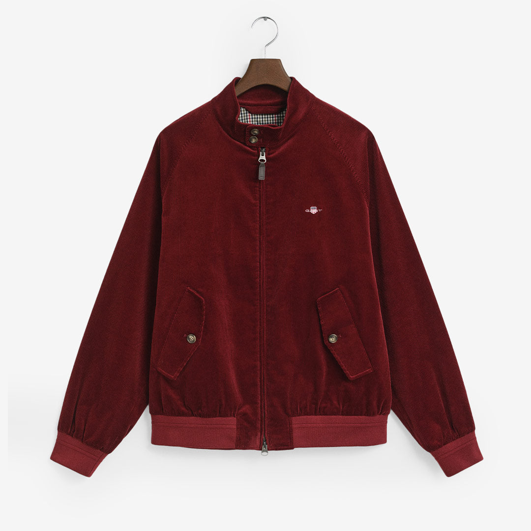 Röd GANT Harrington-jacka för herr i manchester med ståkrage, ribbade muddar och vattenavvisande finish

