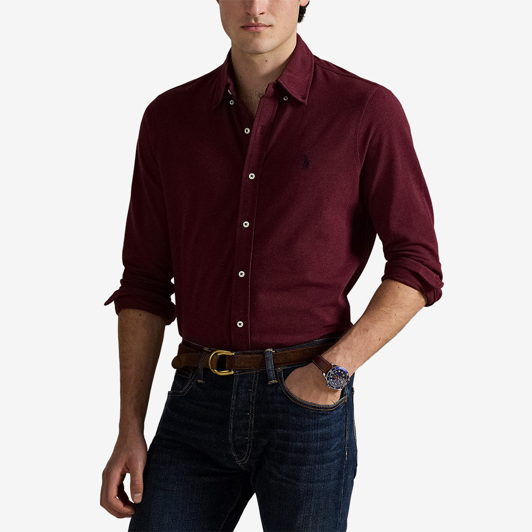 Ralph Lauren Long Sleeve Button-Down Shirt – vinröd långärmad skjorta i bomullsmesh med broderad Pony-logga
