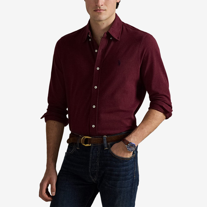 Ralph Lauren Long Sleeve Button-Down Shirt – vinröd långärmad skjorta i bomullsmesh med broderad Pony-logga