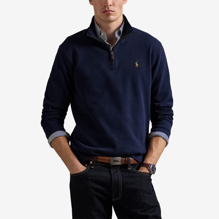 Ralph Lauren Estate-Rib Quarter Zip Pullover – blå bomullströja med 1/4-zip och Pony-logga