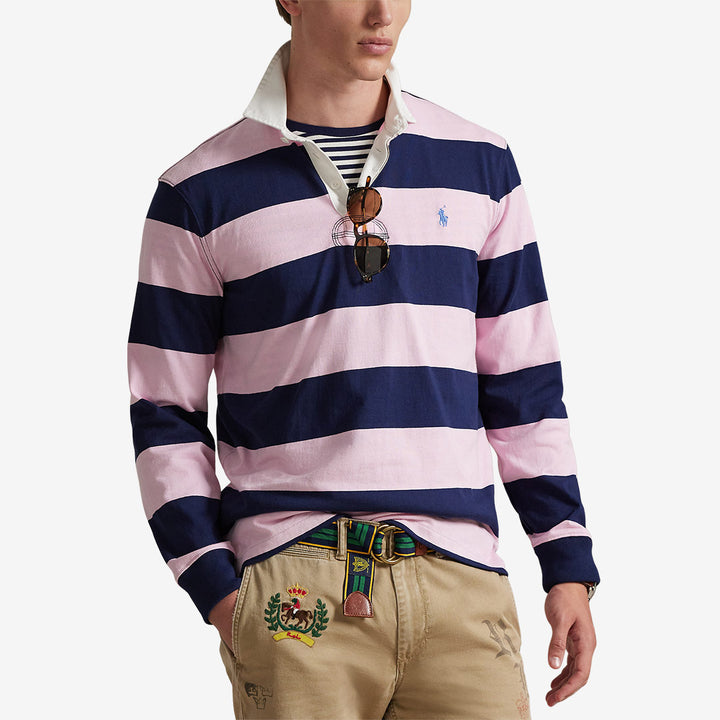Polo Ralph Lauren långärmad rugbytröja herr i rosa och navy med vit krage