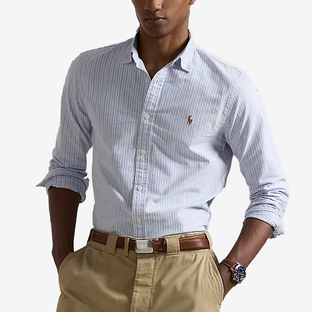 Polo Ralph Lauren Sport Shirt i blåa och vita ränder, långärmad herrskjorta i bomull