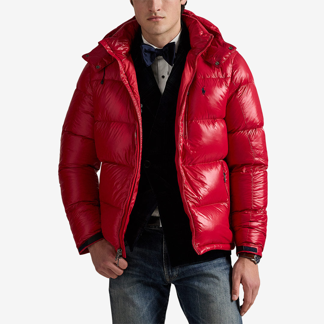 Ralph Lauren GRHM Glossy Bomber – glansig dunjacka i nylon med avtagbar huva och Pony-logga
