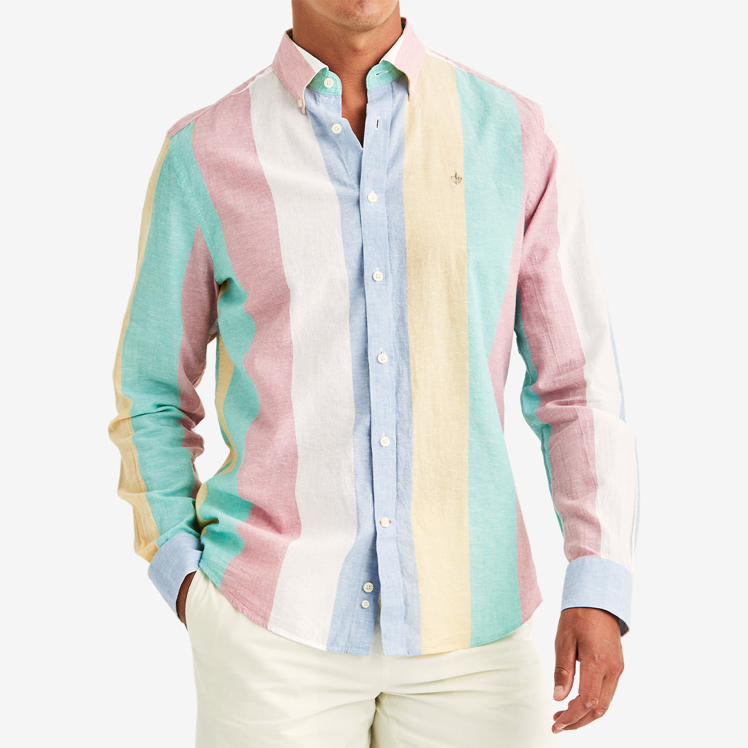 Morris Happy Linen Stripe Shirt Classic Fit rosa randig herrskjorta i linneblandning