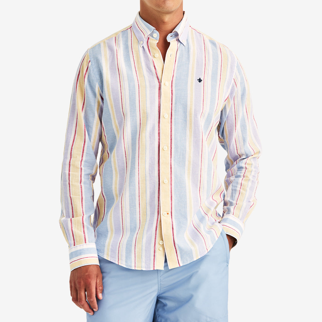 Morris Happy Linen Stripe Shirt Classic Fit lila randig herrskjorta i linneblandning