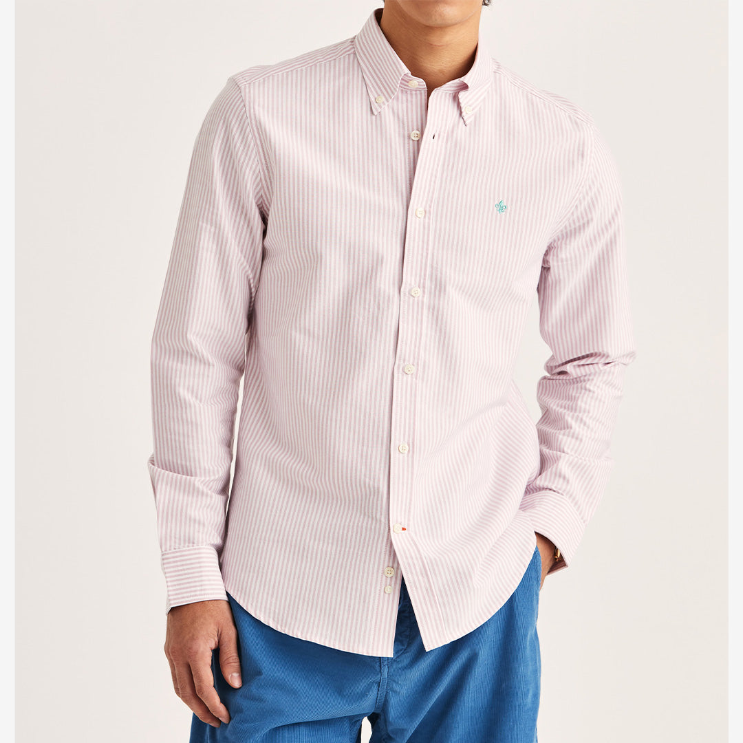 Morris Douglas Oxford Stripe Shirt Slim Fit rosa randig herrskjorta i bomull