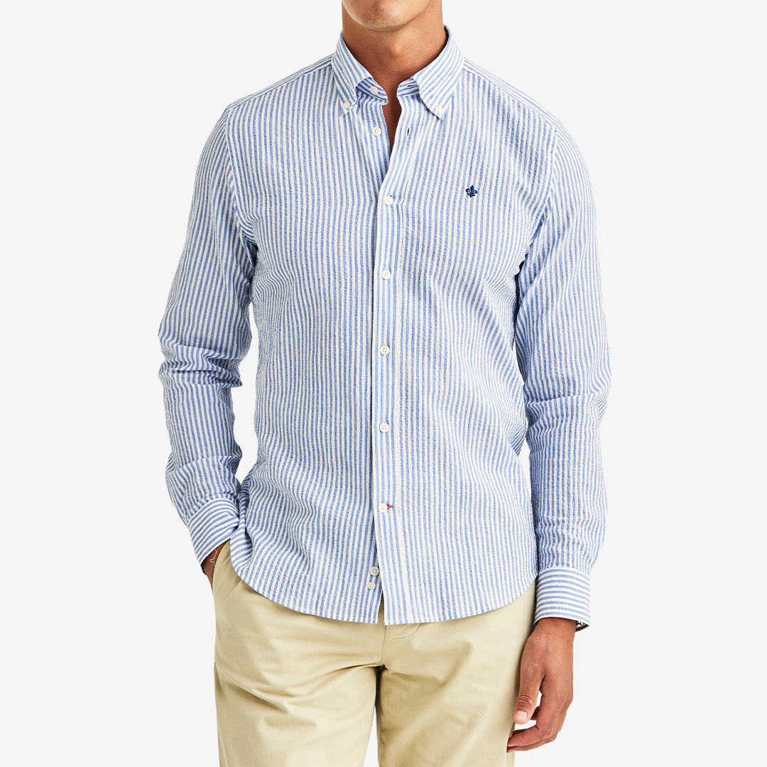 Morris Seersucker Shirt Slim Fit ljusblå herrskjorta i bomull med struktur