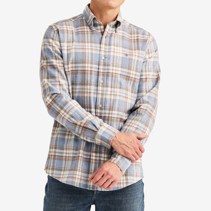 Blå Morris Happy Flannel Check Shirt flanellskjorta i 100% bomull med rutigt mönster för herr.