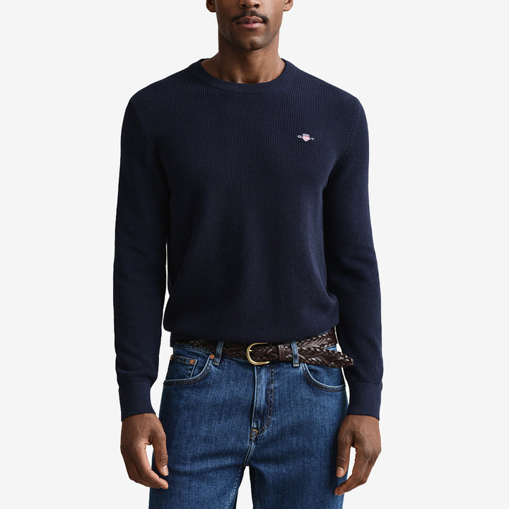 Micro textured cotton c-neck i evening blue, ekologisk bomullsblandning