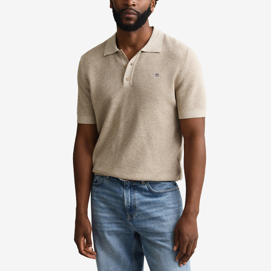 Micro textured cotton ss polo i oat melange, ekologisk bomullsblandning