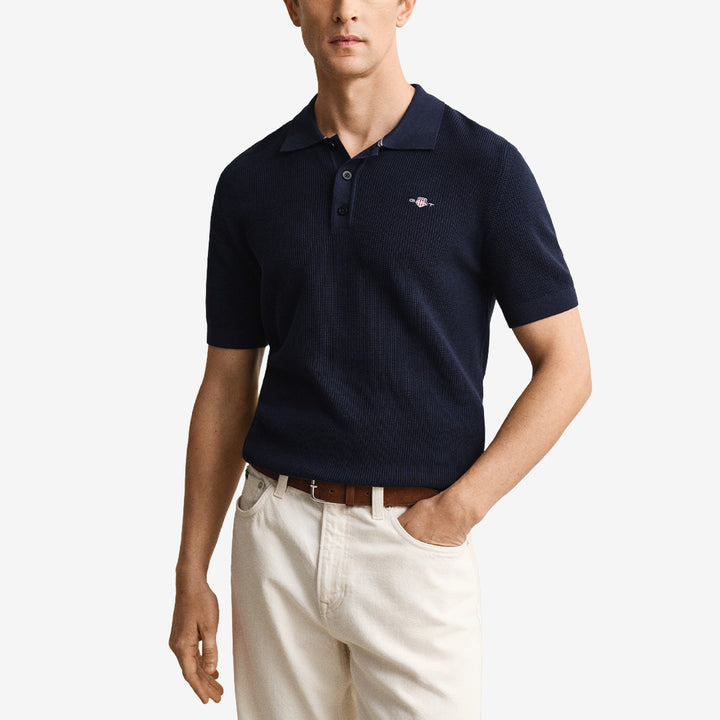 Micro textured cotton ss polo i evening blue, ekologisk bomullsblandning
