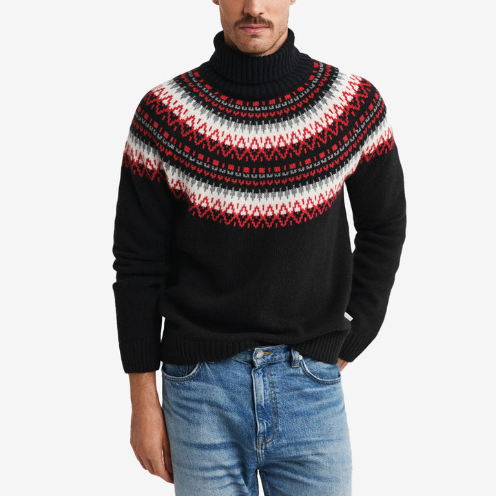Gant Fair Isle Turtleneck i svart med klassiskt Fair Isle-mönster och polokrage