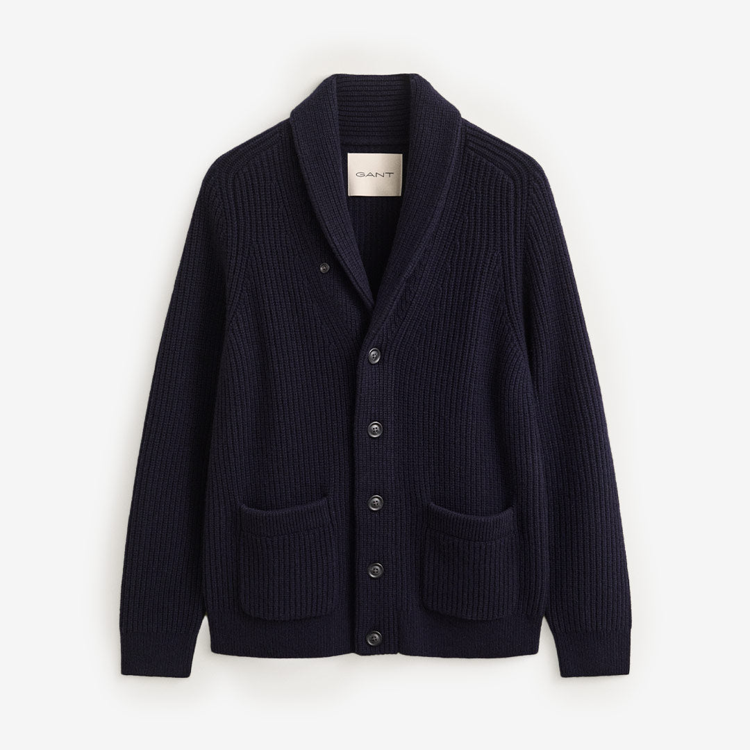RIBBED WOOL BLEND SHAWL CARDIGAN