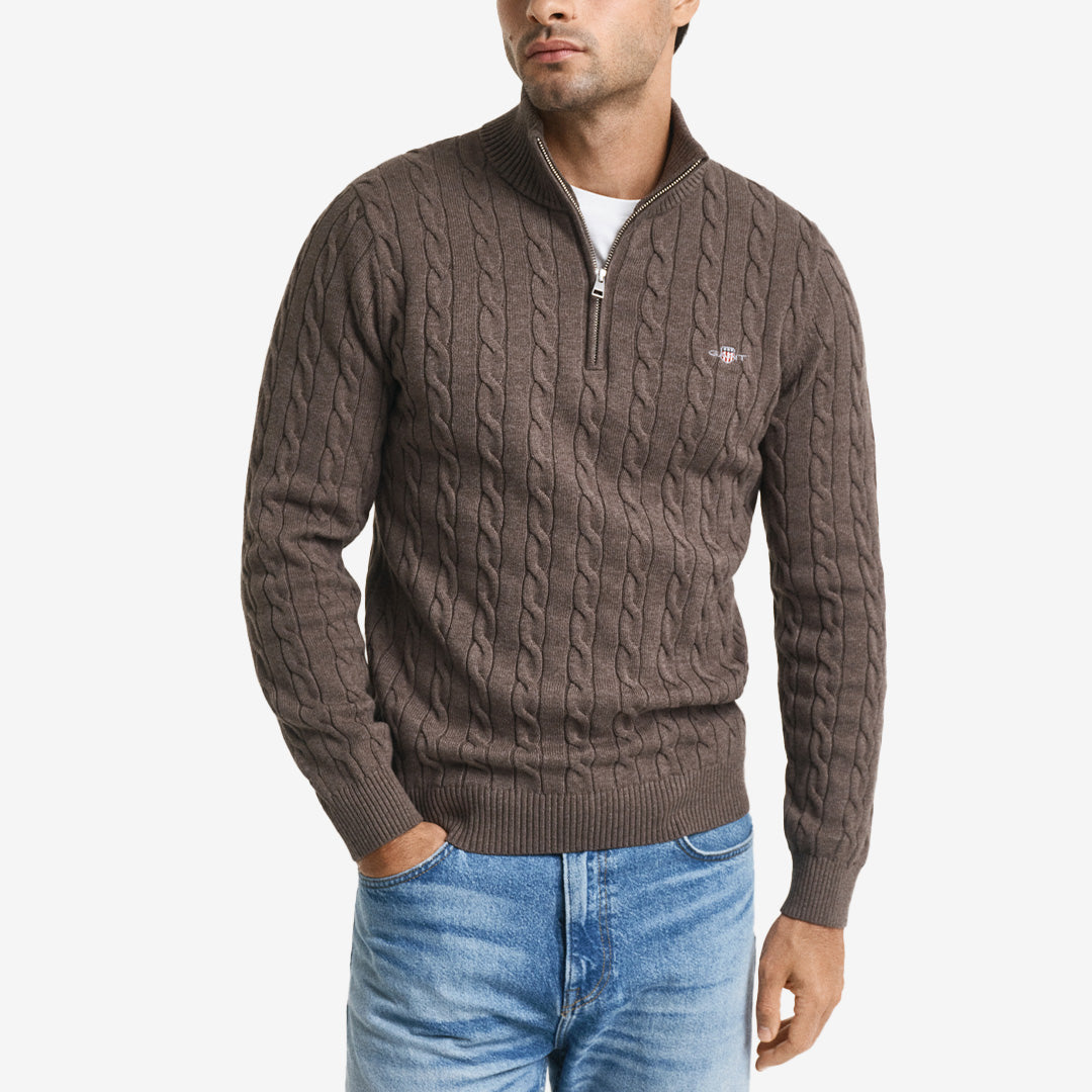Gant Cotton Cable Half Zip i Seawood Melange med kabelstickning och broderad logotyp på bröstet