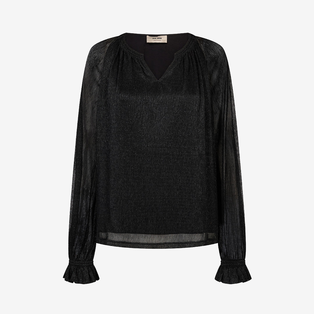Mos Mosh MMXimena Glam V-neck Blouse Black, svart skimrande blus för dam med V-ringning och volangavslutade ärmar.