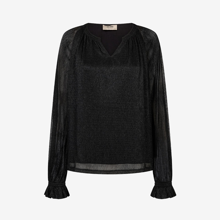 Mos Mosh MMXimena Glam V-neck Blouse Black, svart skimrande blus för dam med V-ringning och volangavslutade ärmar.
