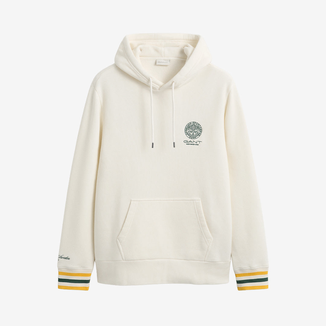 Gant Båstad Tennis Hoodie för herr i cream med huva, lång ärm och grafiskt tennisinspirerat tryck.