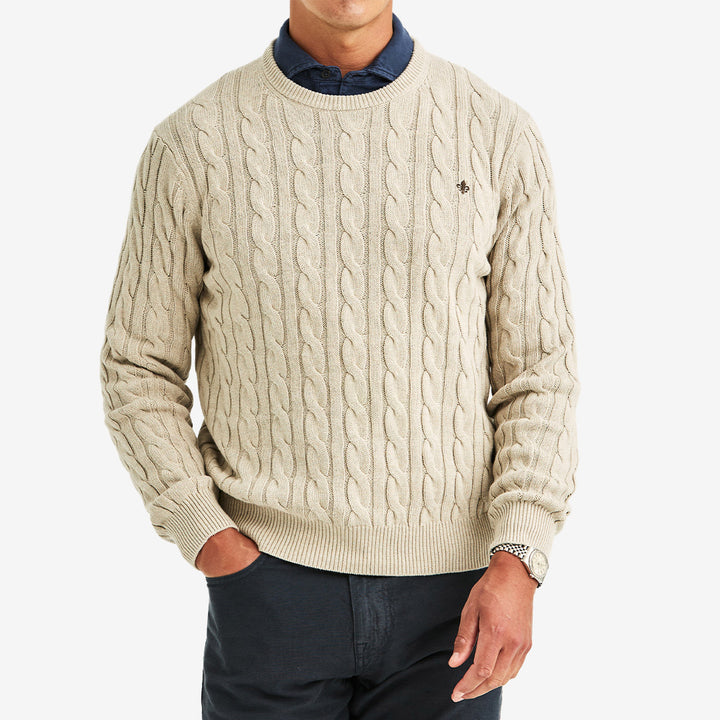 Morris Ethan Cable Oneck långärmad tröja Khaki i 100% bomull med kabelstickning