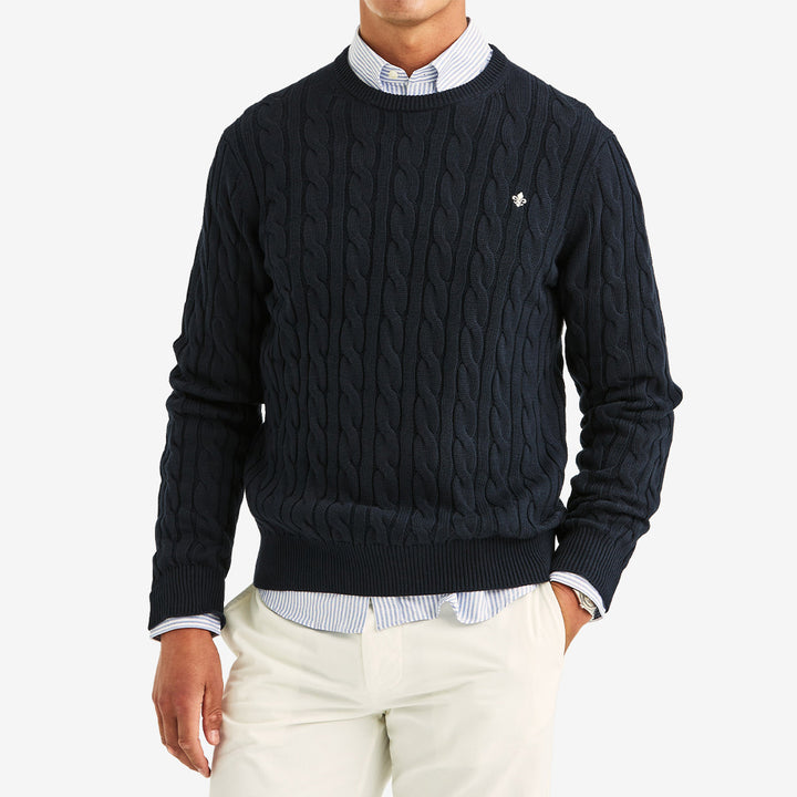 Morris Ethan Cable Oneck långärmad tröja Old Blue i 100% bomull med kabelstickning