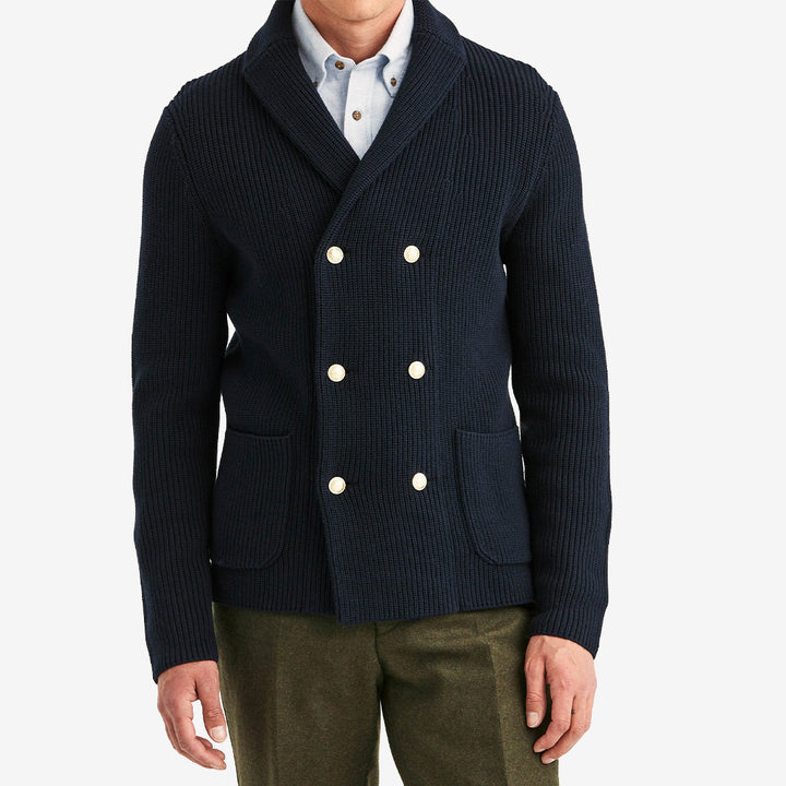 Marinblå Morris Brayden DB Shawl Cardigan stickad kofta med sjalkrage för herr i bomull och ull.