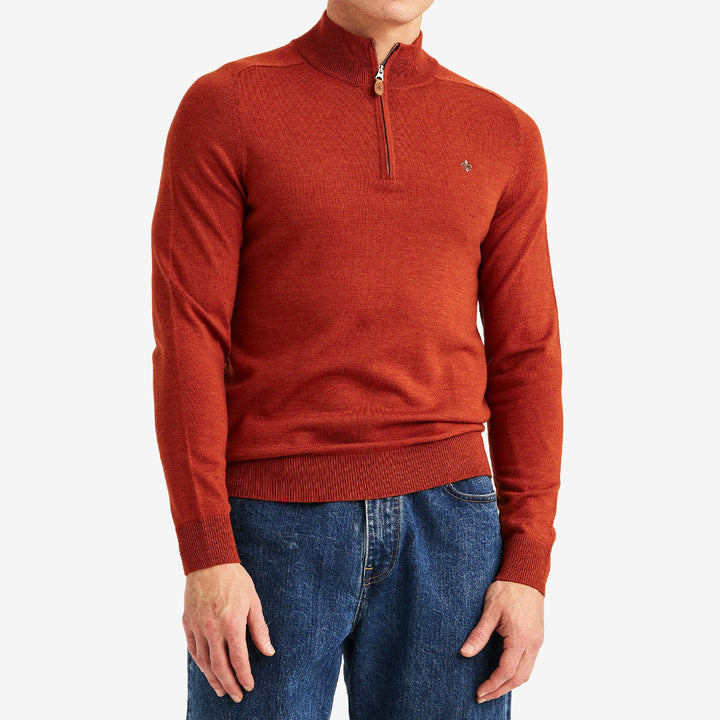 Orange Morris Merino John Zip stickad tröja i 100% merinoull med kort dragkedja för herr.