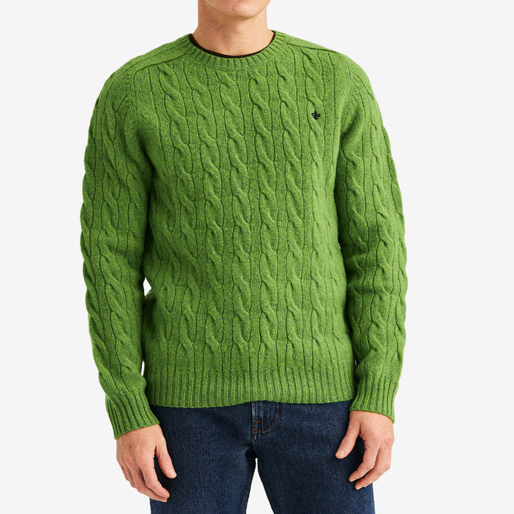 Grön Morris Archard Cable Sweater kabelstickad tröja i 100% ull för herr.