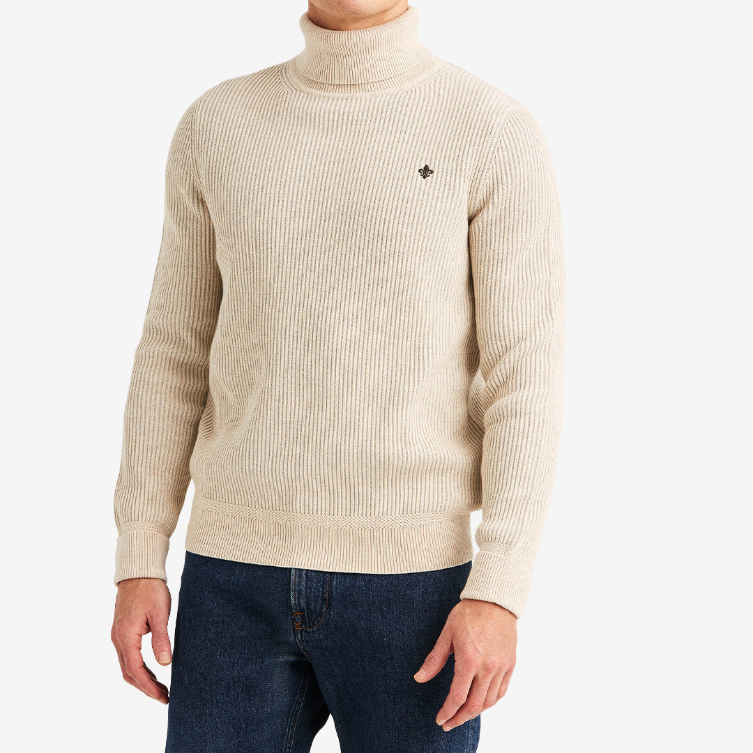 Morris Wallace Roller Neck stickad tröja för herr i Khaki med polokrage och 100% bomull.