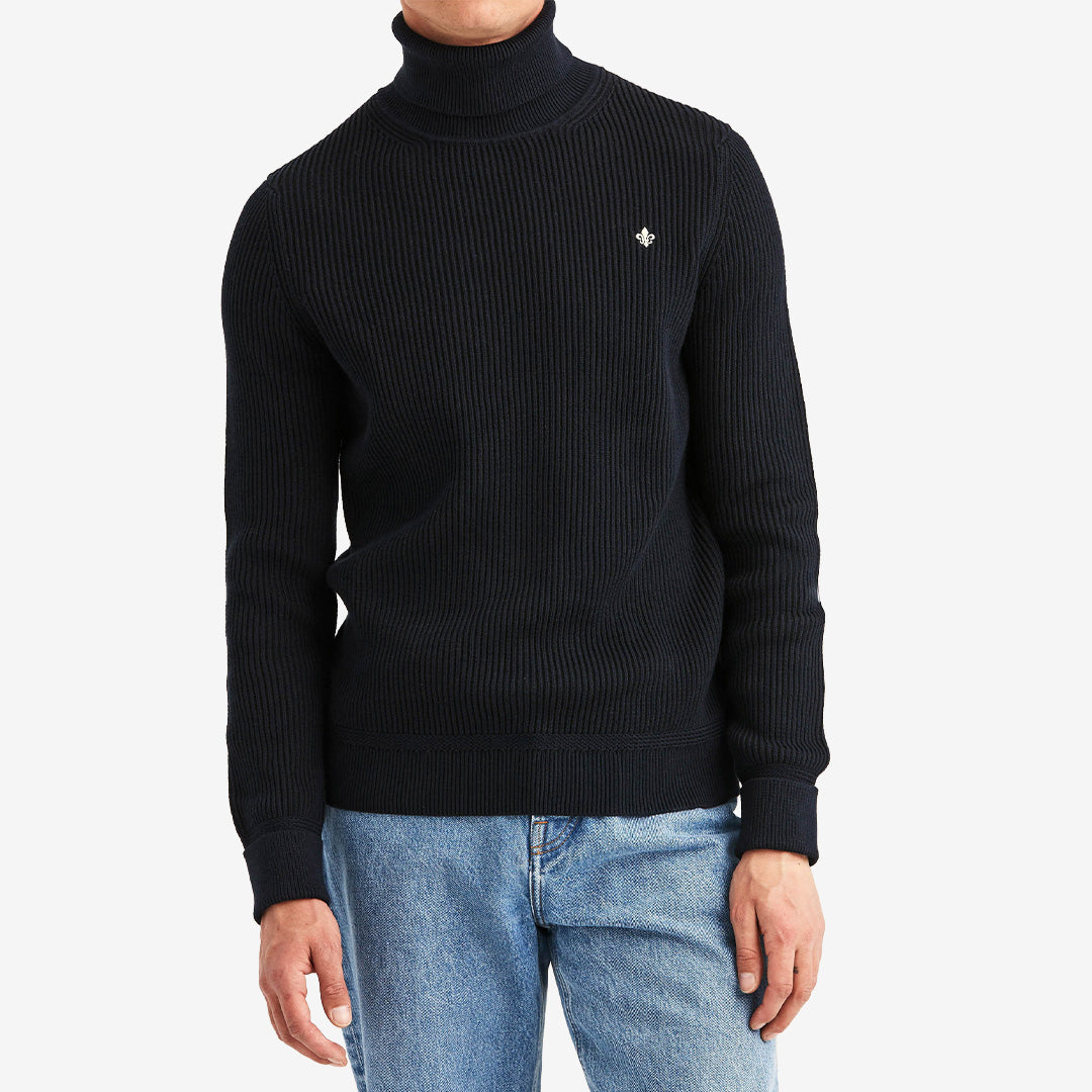 Blå Morris Wallace Roller Neck stickad polotröja i 100% bomull för herr.