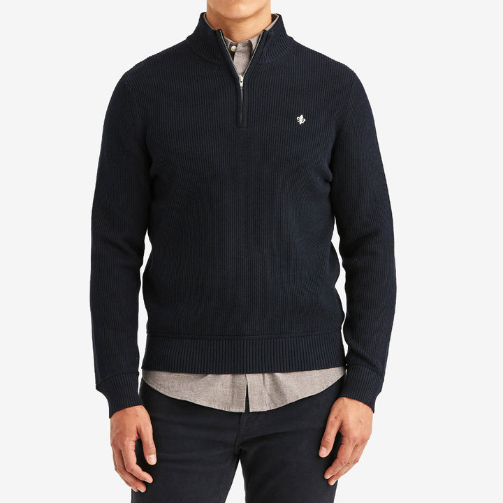 Morris Colin Half Zip stickad tröja för herr i Old Blue med hög krage, halv dragkedja och 100% bomull.