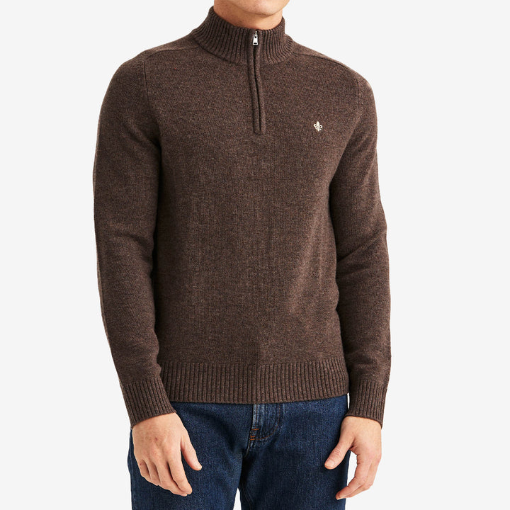 Morris Hertford Half Zip stickad tröja för herr i Brown med hög krage, halv dragkedja och 100% merinoull.
