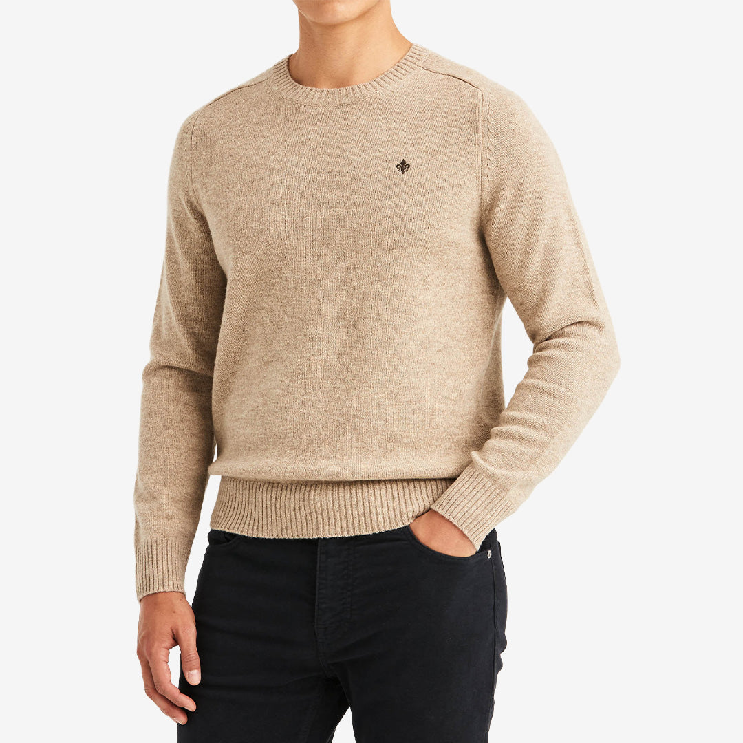 Morris Hertford Oneck stickad tröja för herr i Khaki med rund halsringning och 100% merinoull.
