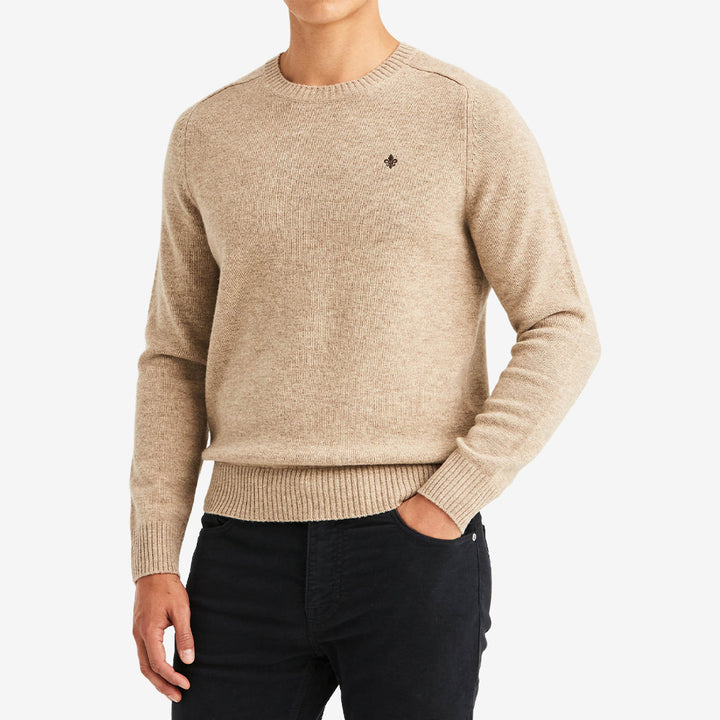 Morris Hertford Oneck stickad tröja för herr i Khaki med rund halsringning och 100% merinoull.