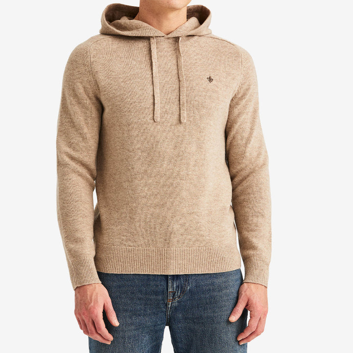 Morris Hertford Hood stickad tröja för herr i Khaki med huva och 100% merinoull.