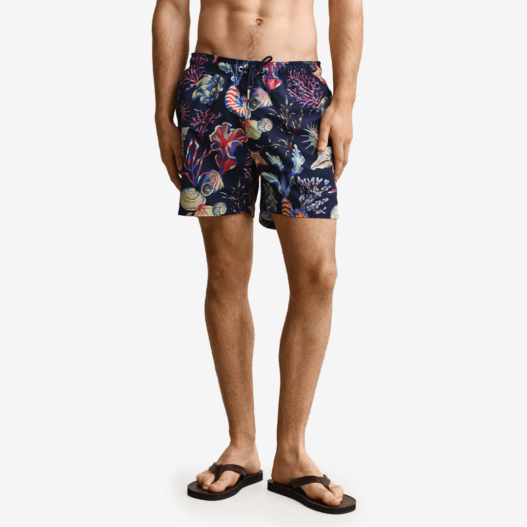 Seaweed print swim shorts i classic blue, återvunnen polyester
