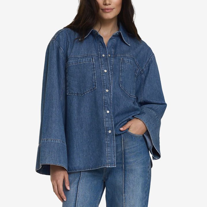 Shari Denim Shirt i deep blue wash – långärmad denimskjorta i bomull för dam