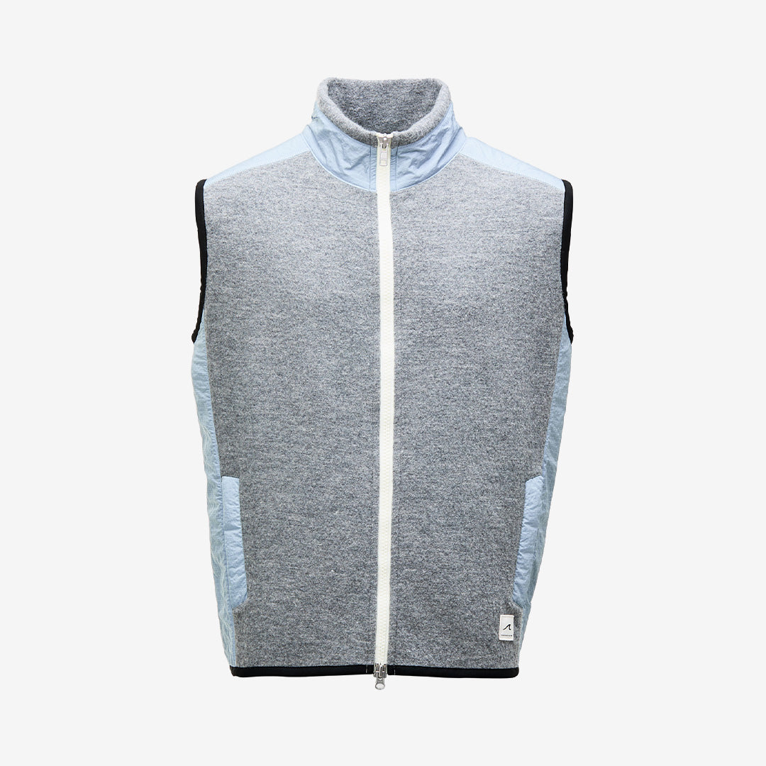 Grå merinoullsväst herr med ripstop-nylon detaljer och metallblixtlås