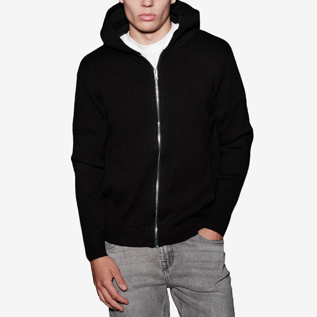Brand Island Miyagi Hoodie Knit för herr i Black, svart stickad hoodie med minimalistisk design och huva.