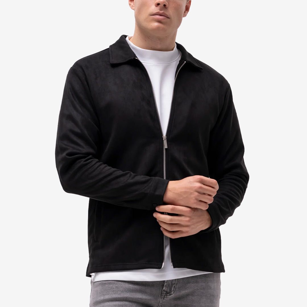 Brand Island Denki Zip Jacket för herr i svart, jacka i mockaimitation med borstad yta, rak passform, hel dragkedja och sidfickor.