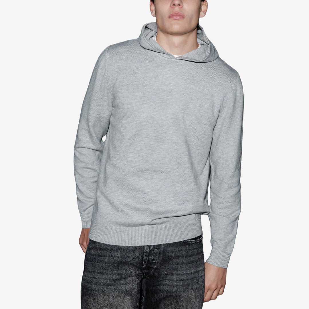 Brand Island Vincent Knit Hoodie för herr i Light Grey, ljusgrå stickad hoodie med huva, ribbade muddar och minimalistisk design.