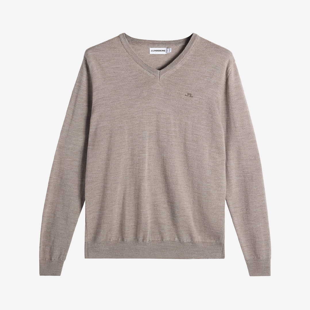 J.Lindeberg Lymann stickad V-neck tröja i Brindle Melange i 100% ull