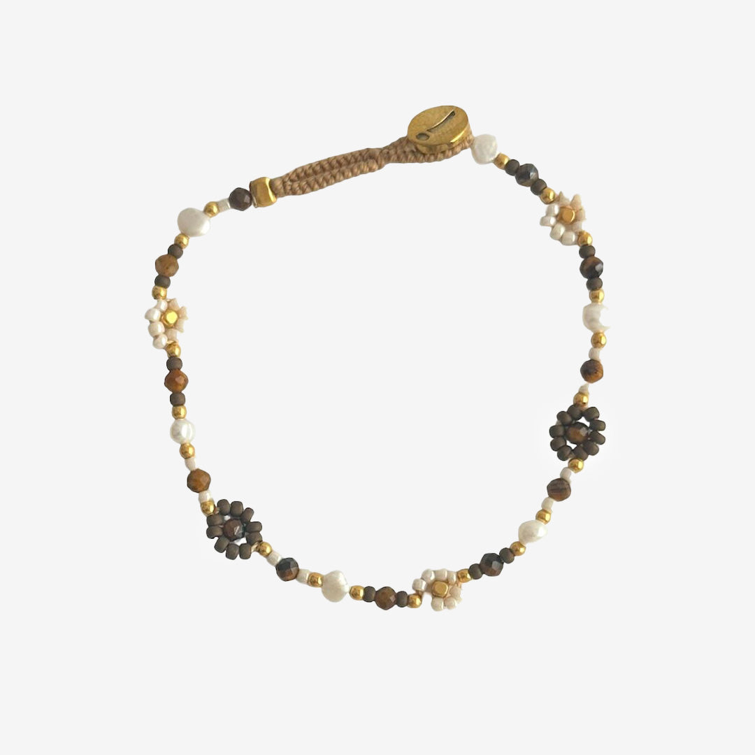 G006 LULU FLOWER armband i bronze med pärlor, halvädelstenar och gulddetaljer