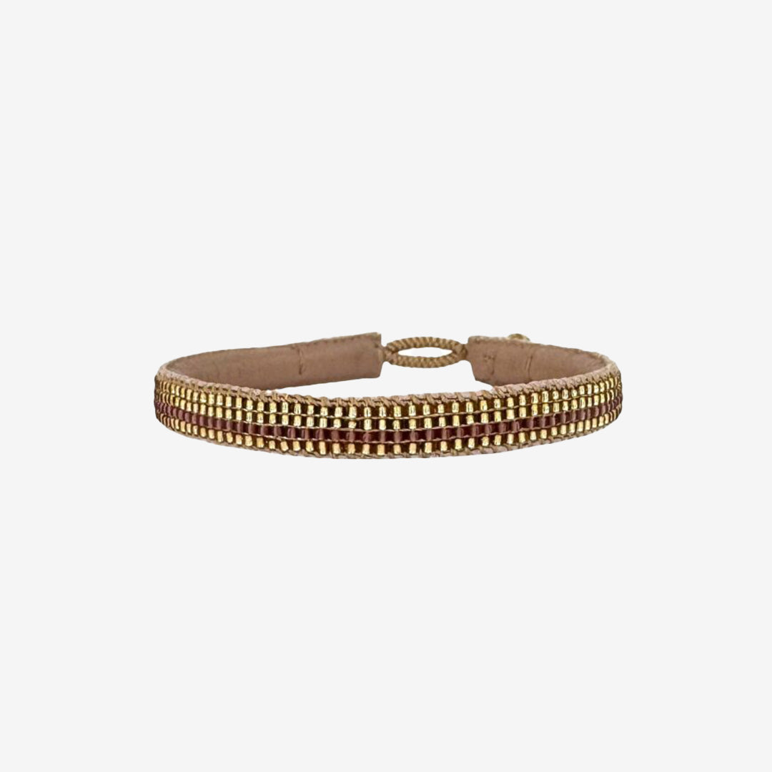 GF06 STRIPE GOLD BRONZE läderarmband i bronze med guldpläterad knapp