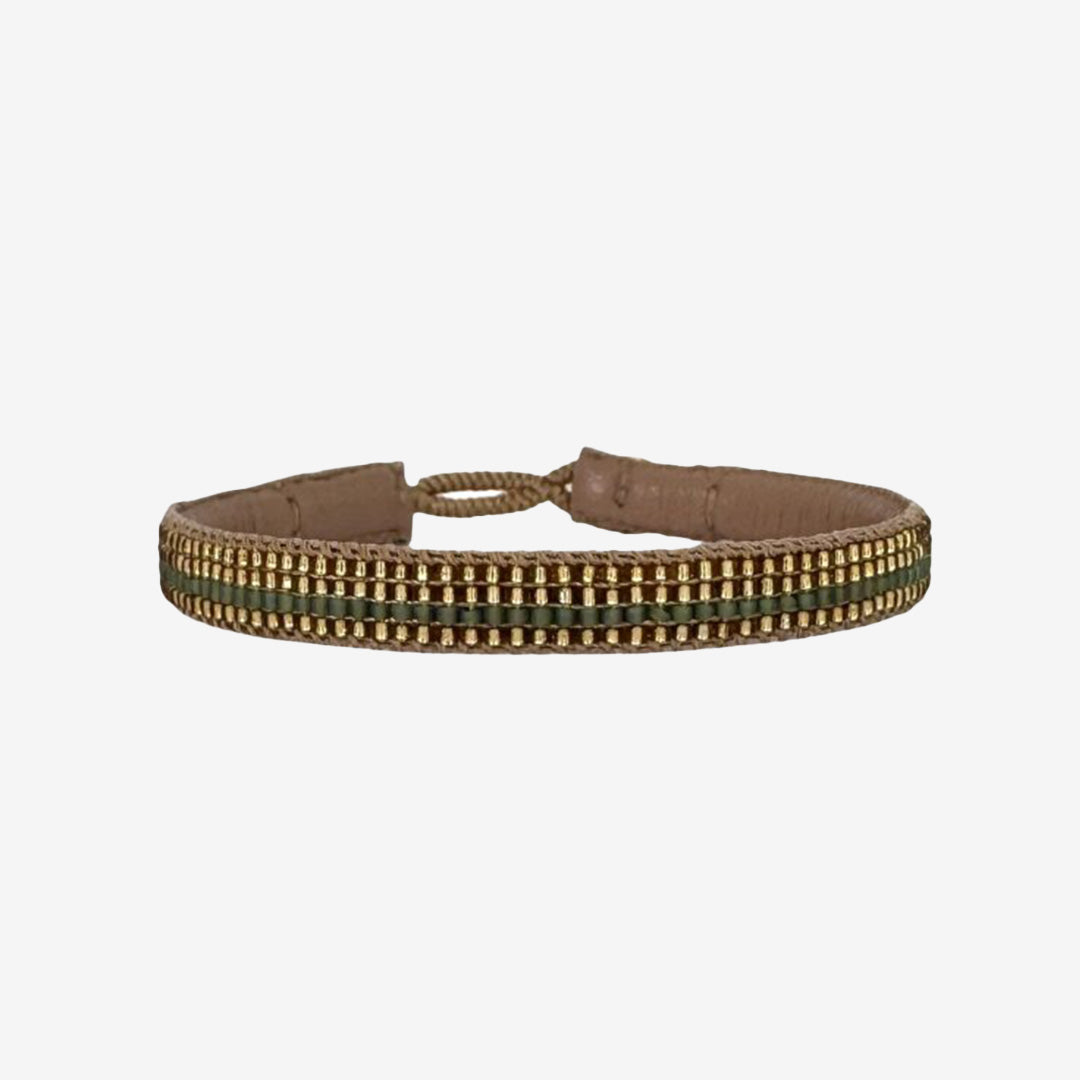 GF05 GOLD STRIPE BAMBOO GREEN armband i grönt läder med guldpläterad knapp