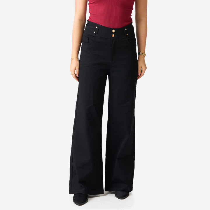 CH25AW15 svarta stretchbyxor med wide leg-passform för dam