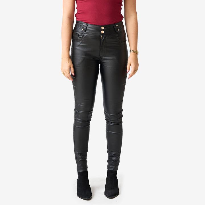 CH25AW37 svarta byxor med PU-effekt och stretch