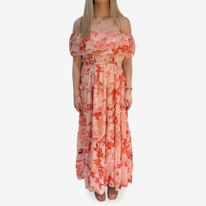 CH26SS30 off shoulder-klänning i 100% polyester i rosa för dam
