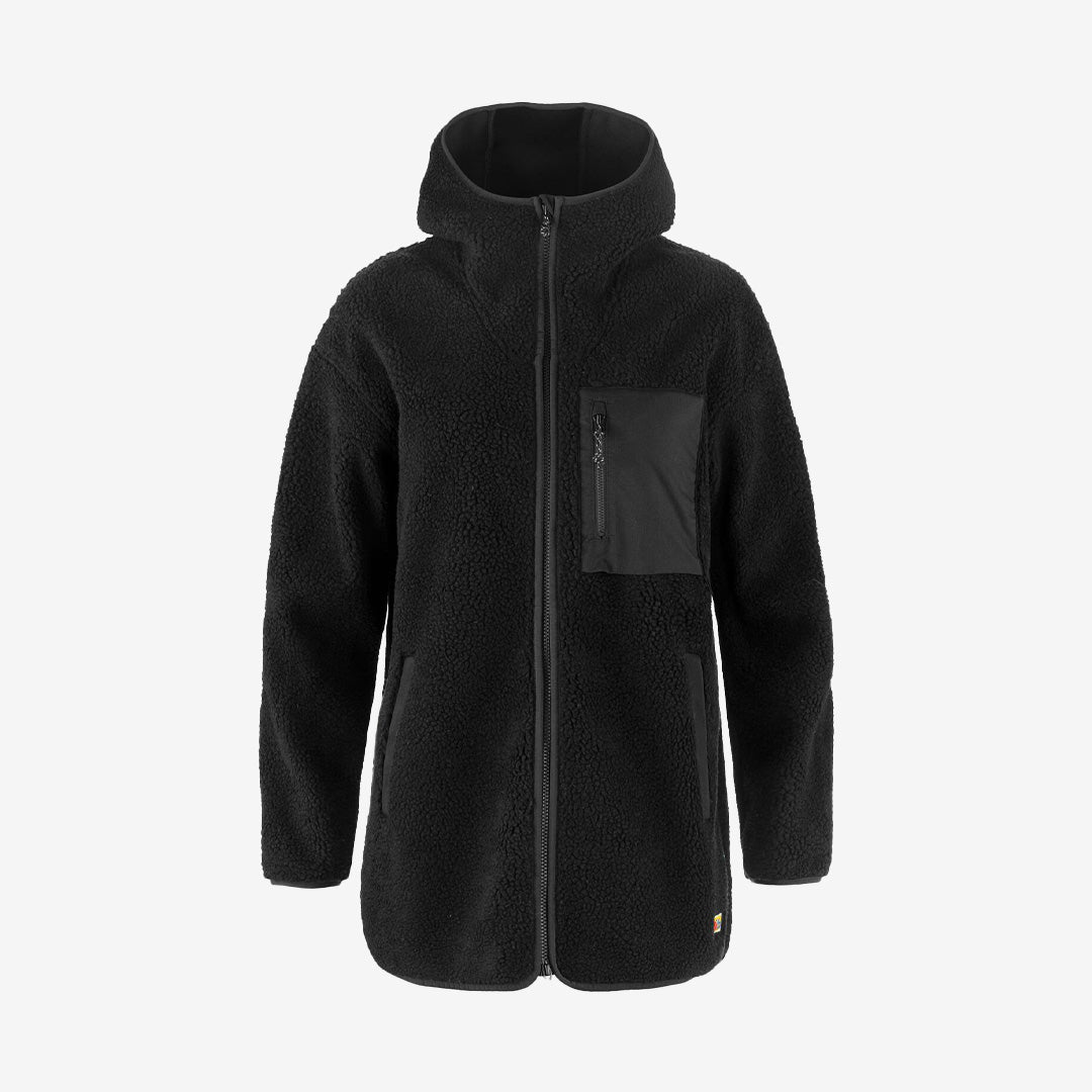 Fjällräven Vardag Pile Fleece Long W – svart damjacka i teddyfleece med G-1000-bröstficka